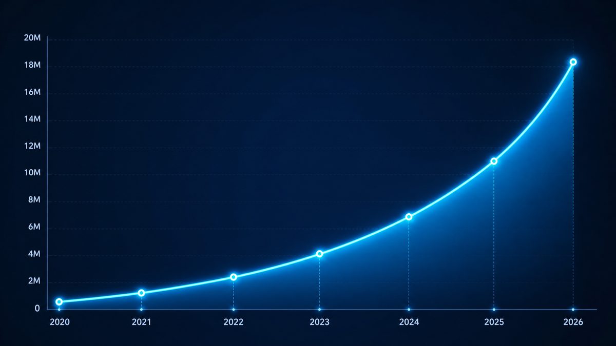 磁力链接用户增长数据图表,展示2020-2026年注册用户从50万增长至1800万的趋势